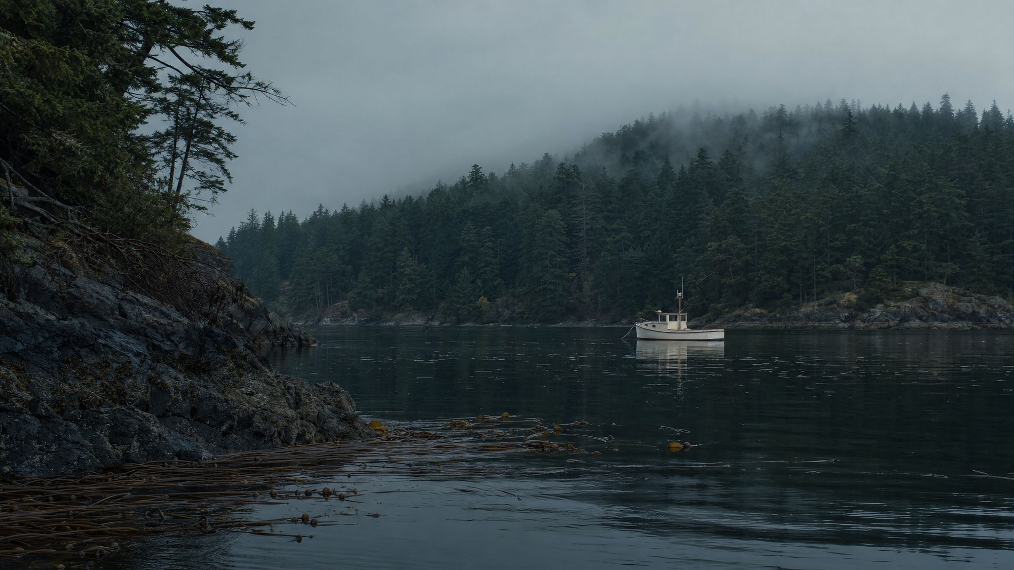 A quiet island cove with kelp, rock, and a small boat at anchor.
