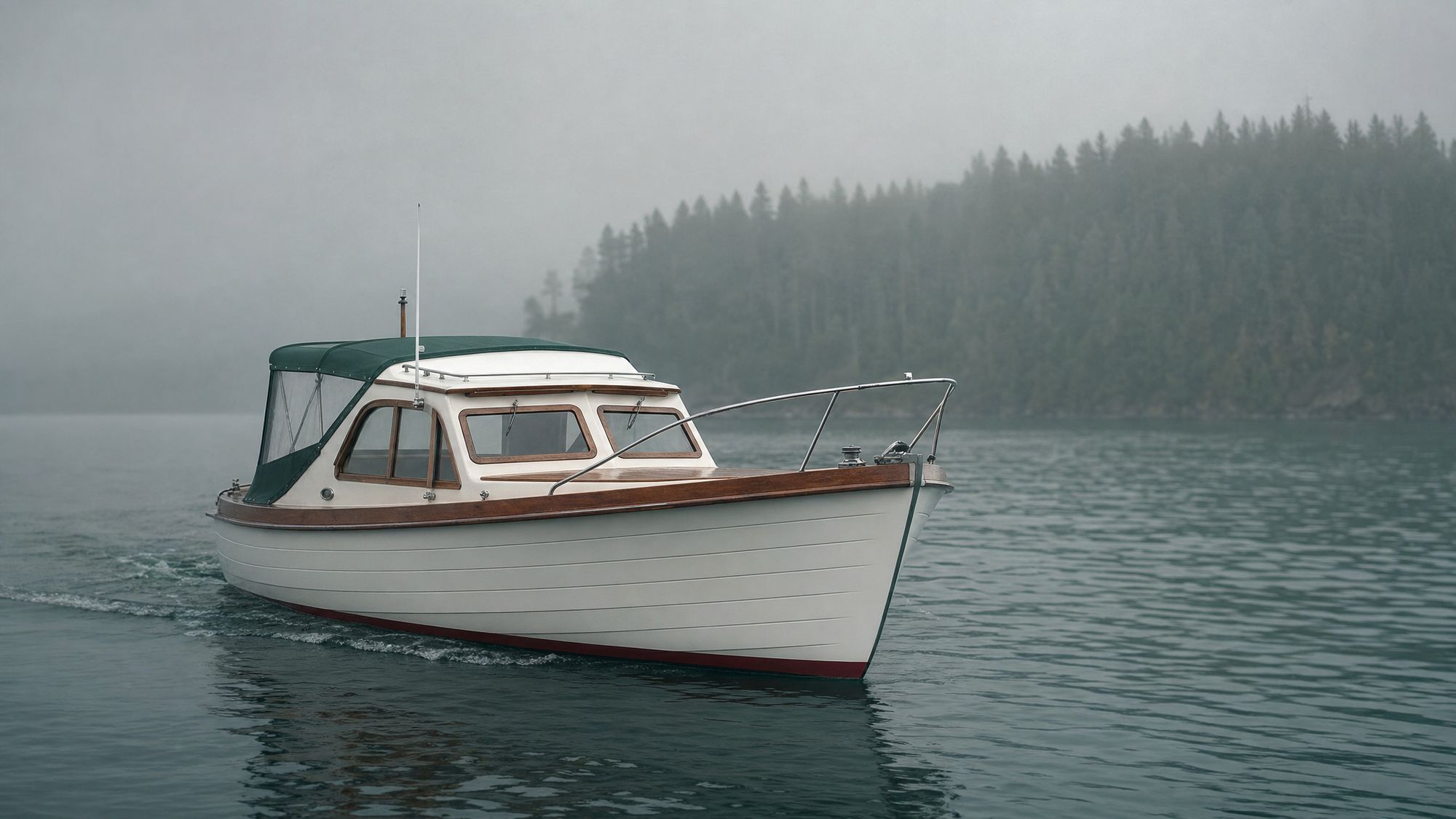 A small cabin day boat moving through calm foggy water off a fir-covered island.