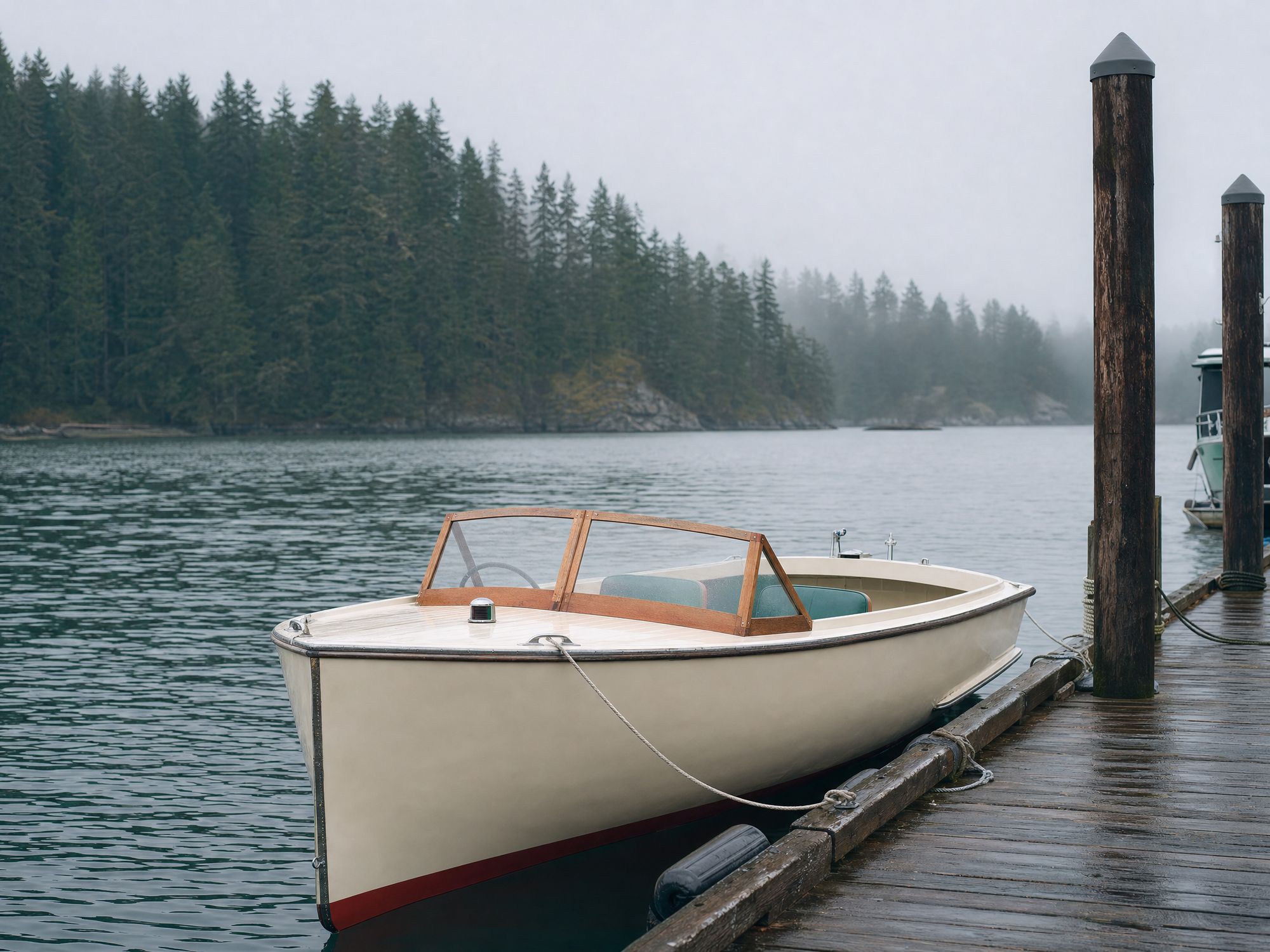 Clew, a small open cream runabout tied to a wooden pier.
