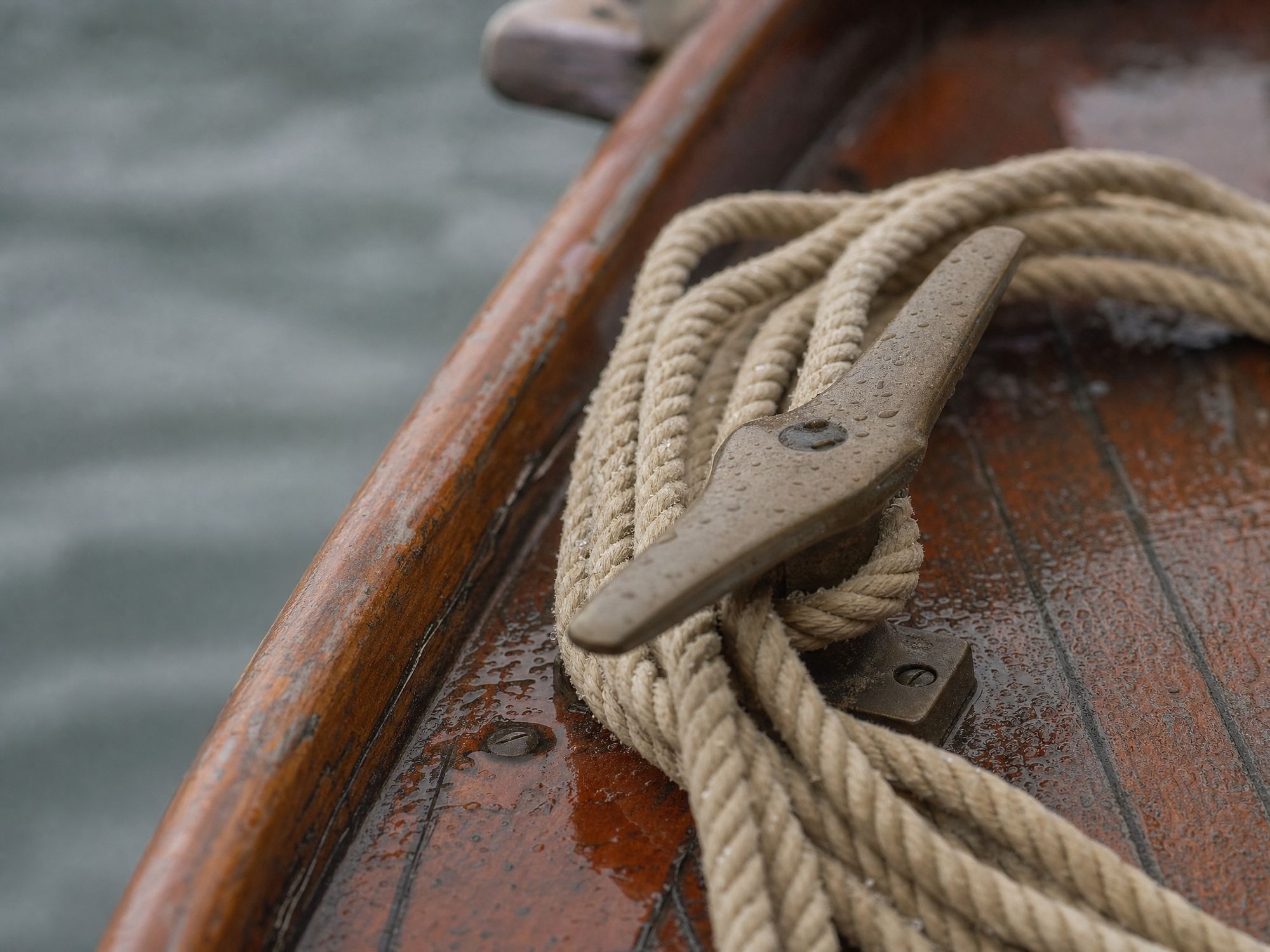 Wet teak deck, a bronze cleat, and a coil of rain-beaded line.