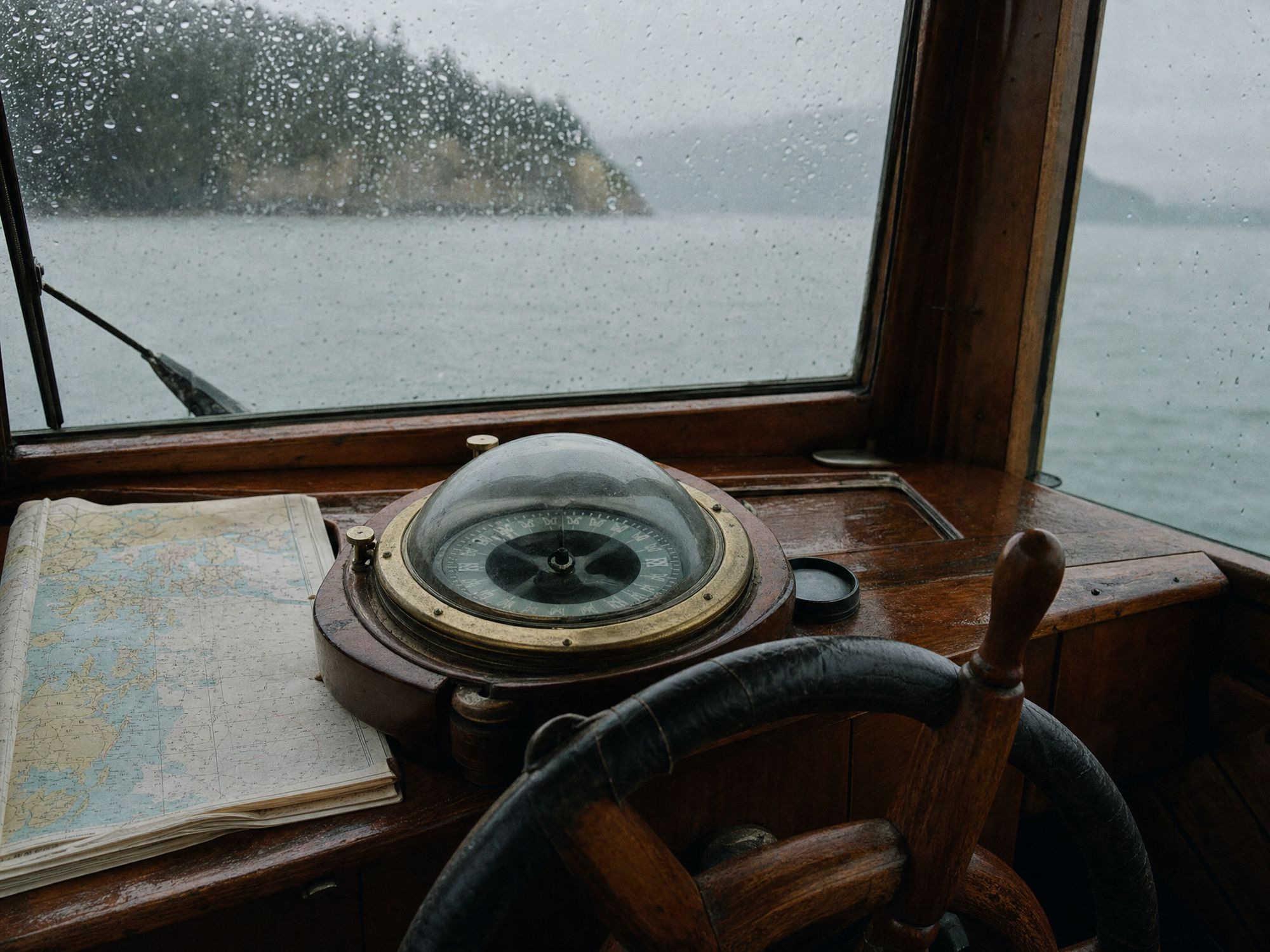 Varnished wheelhouse with a compass, worn wheel, and rain on the glass.